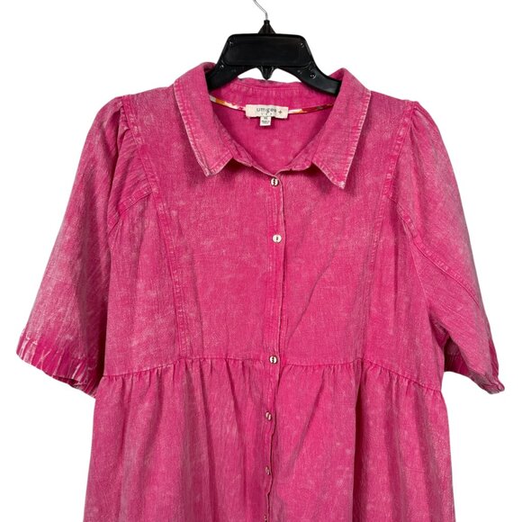 Umgee Washed Babydoll Dress 1X Pink Short Sleeve Button Front Cotton Boho - Picture 5 of 13